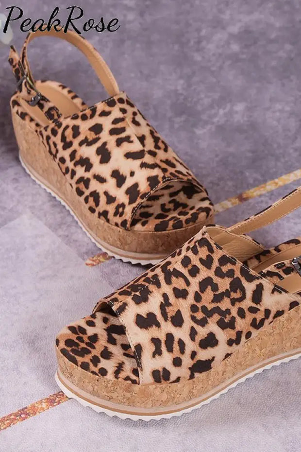 Leopard-Print Strappy Wedge Sandals Leopard Pattern / 36