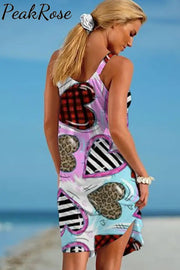 Leopard Stripe Plaid Print Heart Beach Sleeveless Dress