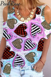 Leopard Stripe Plaid Print Heart Cold Shoulder T-Shirt