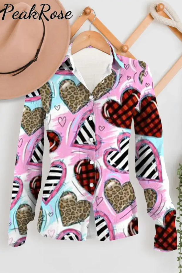 Leopard Stripe Plaid Print Heart Long Sleeve Shirt Women