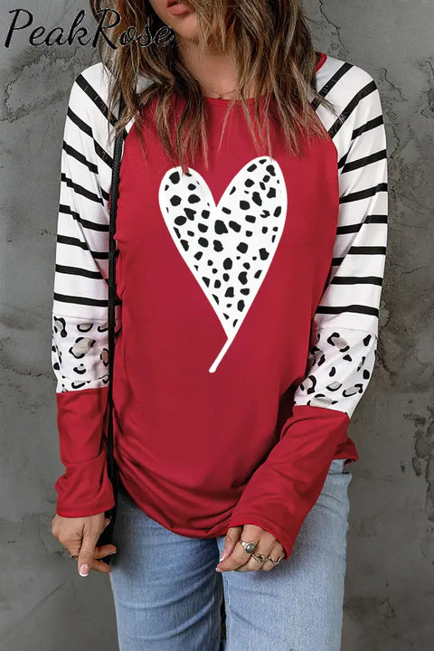 Leopard Striped Color-Block Round Neck Sheath Casual Sweatshirt S / Red