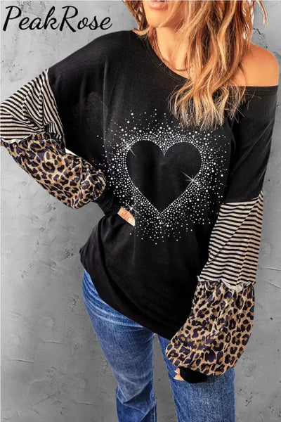 Leopard Striped Round Neck Casual Sweatshirt S / Black