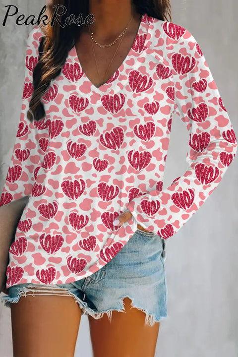 Leopard V-Neck Love Heart Long Sleeve Tee