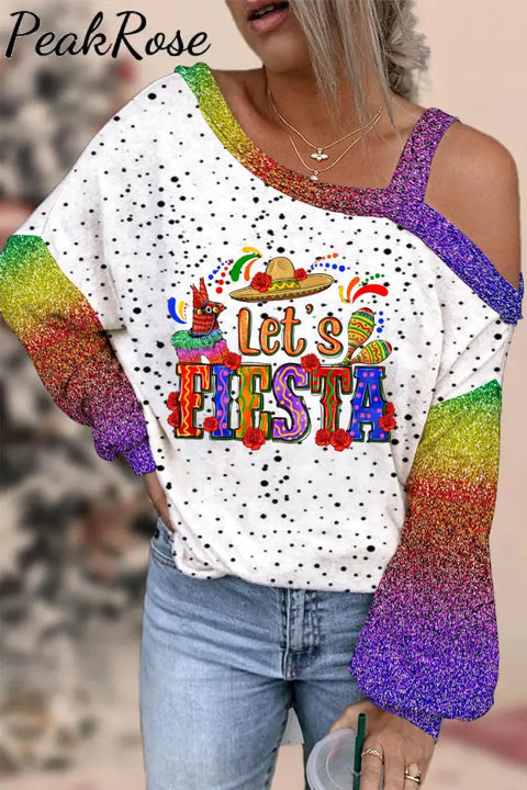 Let’s Fiesta Mexican Festival Cinco De Mayo Printed Off-Shoulder Blouse