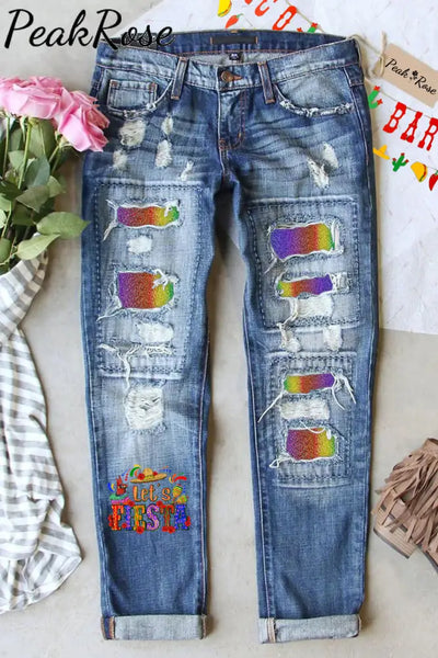 Let’s Fiesta Mexican Festival Cinco De Mayo Printed Ripped Denim Jeans S