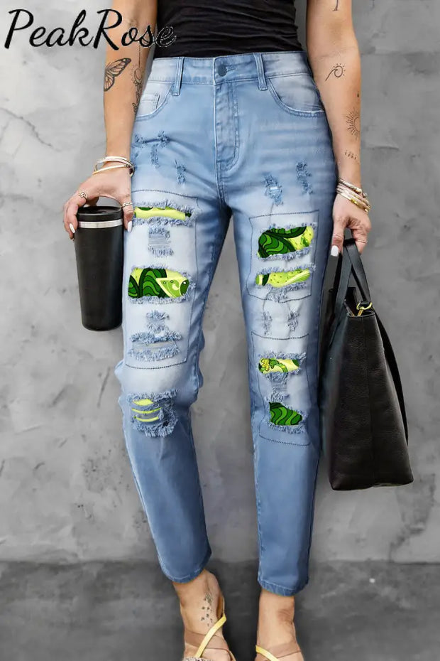 Light Green Vintage Petal Woven Vine Print Ripped Denim Jeans