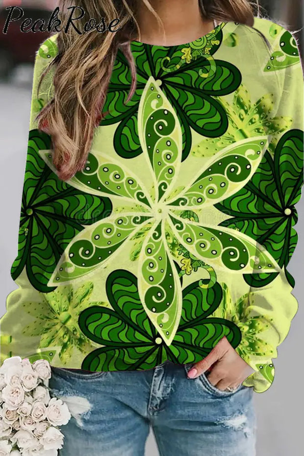 Light Green Vintage Petal Woven Vine Print Sweatshirt