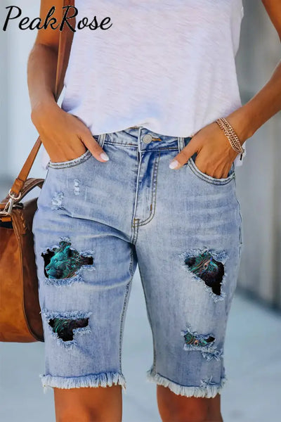 Lion Abstract Print Denim Shorts Bermuda