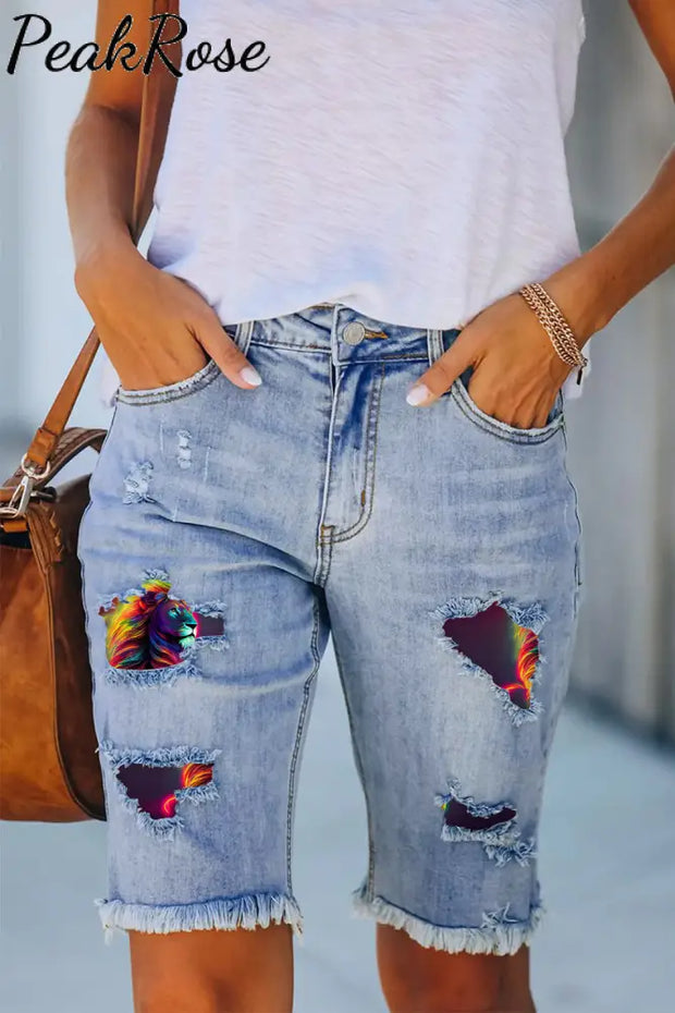 Lion Abstract Print Denim Shorts Bermuda