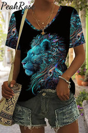 Lion Abstract Print Tie-Dye V Neck T-Shirt T-Shirt