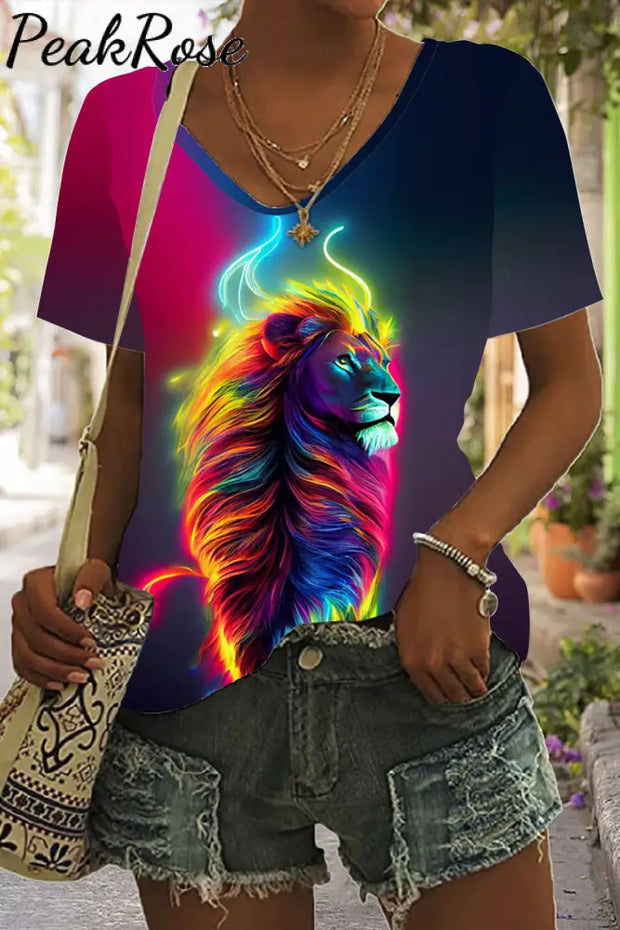 Lion Abstract Print Tie-Dye V Neck T-Shirt T-Shirt