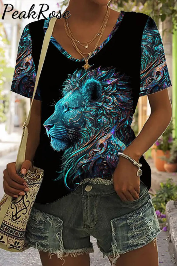 Lion Abstract Print Tie-Dye V Neck T-Shirt T-Shirt