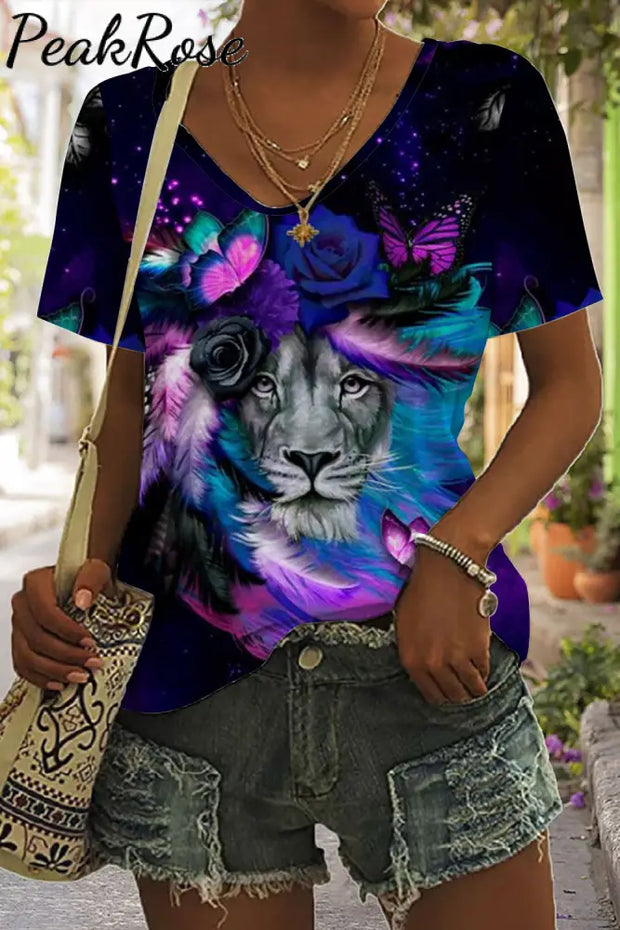 Lion Butterfly Print Tie-Dye V Neck T-Shirt T-Shirt