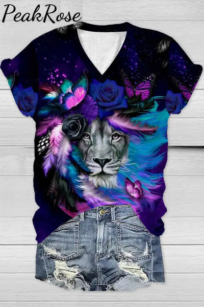 Lion Butterfly Print V Neck T-Shirt T-Shirt