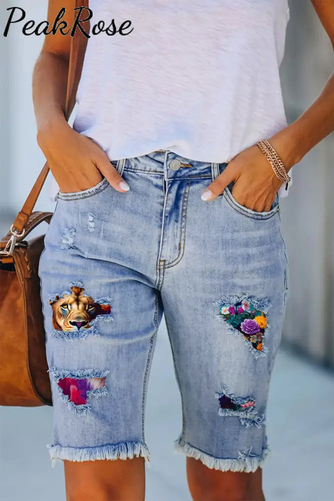 Lion Flower Print Denim Shorts Bermuda