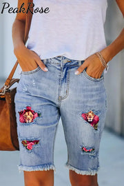 Lion Flower Print Denim Shorts Bermuda