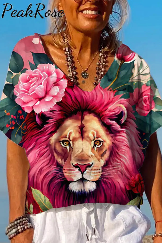 Lion Flower Print Dolman Sleeves Tee