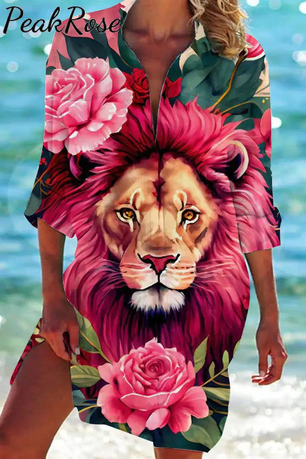 Lion Flower Print Patch Front Pockets Shirt