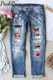 Lion Flower Print Ripped Denim Jeans