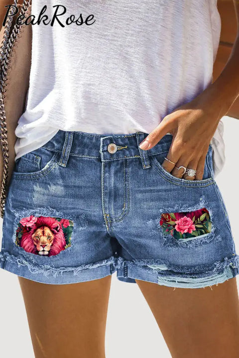 Lion Flower Print Ripped Denim Shorts