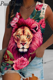 Lion Flower Print Sleeveless V-Neck Tank Top