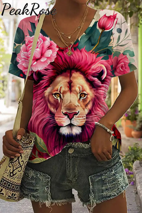 Lion Flower Print Tie-Dye V Neck T-Shirt T-Shirt