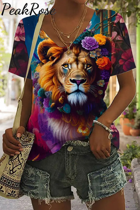 Lion Flower Print Tie-Dye V Neck T-Shirt T-Shirt