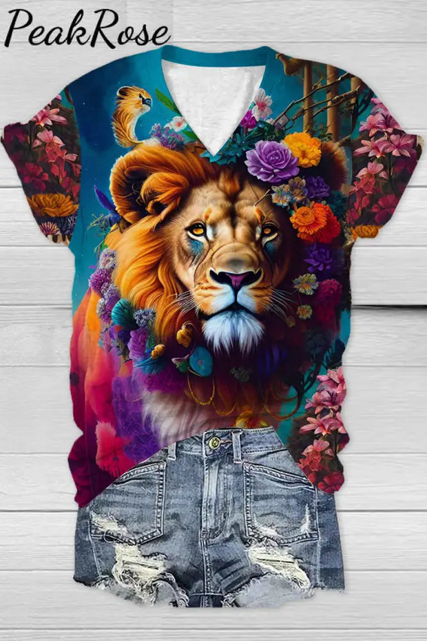 Lion Flower Print V Neck T-Shirt T-Shirt