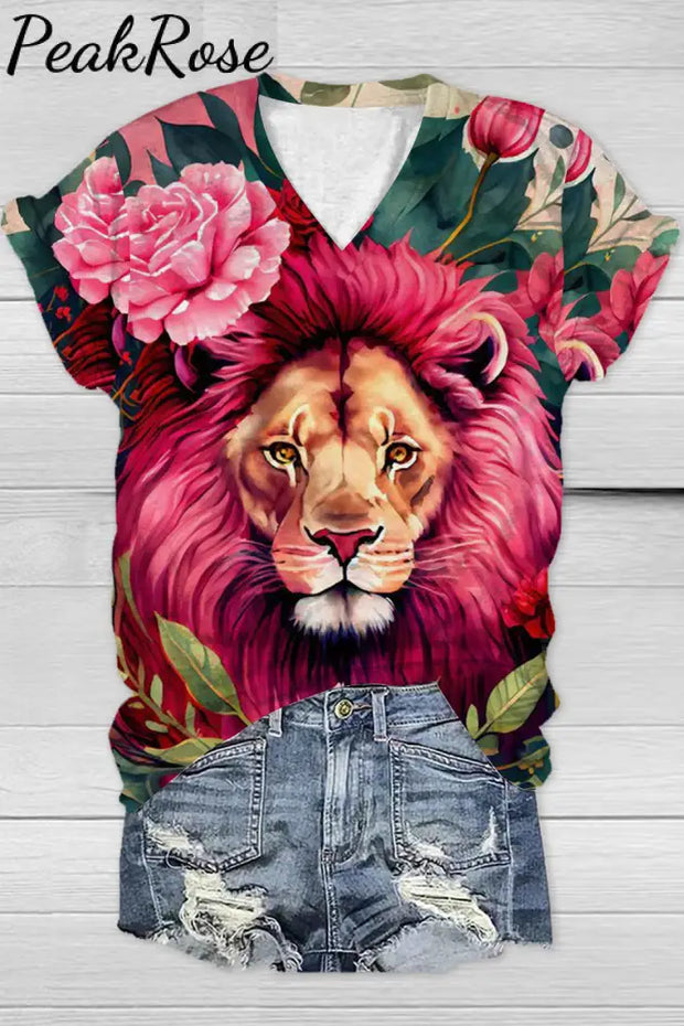 Lion Flower Print V Neck T-Shirt T-Shirt