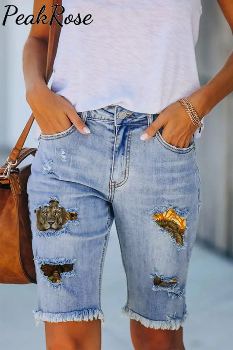 Lion King Print Denim Shorts Bermuda