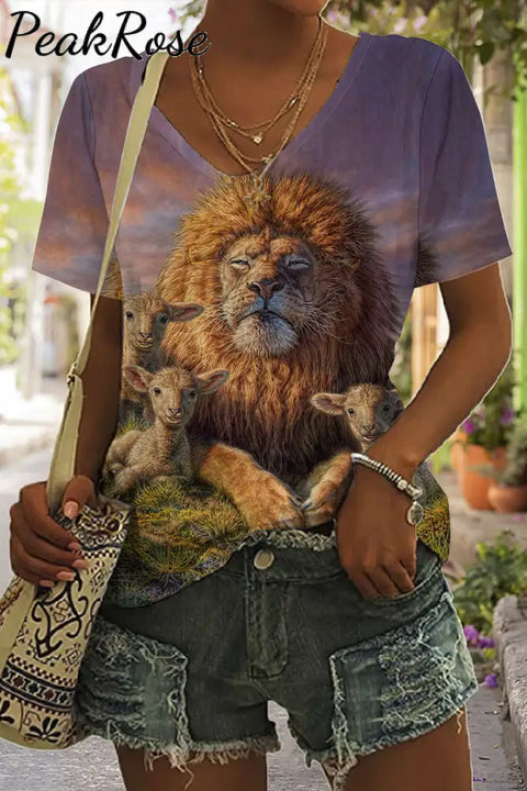 Lion Lamb Print Tie-Dye V Neck T-Shirt T-Shirt