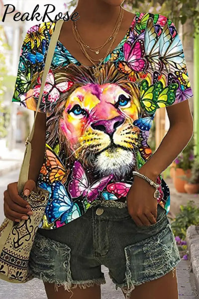 Lion Printings Tie-Dye V Neck T-Shirt T-Shirt