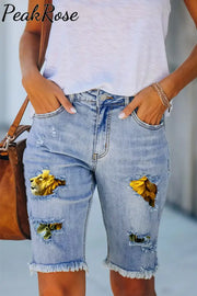 Lion Sunflower Print Denim Shorts Bermuda