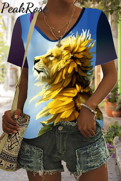 Lion Sunflower Print Tie-Dye V Neck T-Shirt T-Shirt