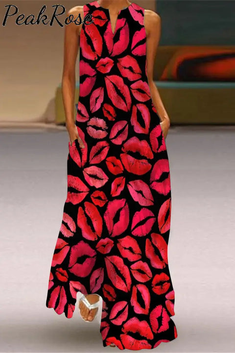 Lips & Kisses Print Sleeveless Maxi Dress S / Black