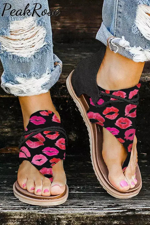 Lips Zipper Flat Thong Sandals