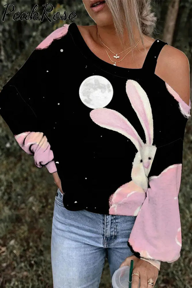 Little Bunny Peeping Under Pink Clouds And Moon At Night Off-Shoulder Blouse Black / S