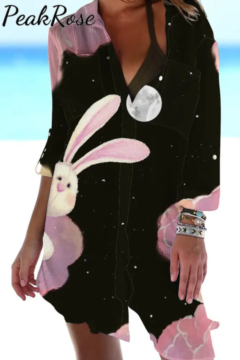 Little Bunny Peeping Under Pink Clouds And Moon At Night Patch Front Pockets Shirt S / Black