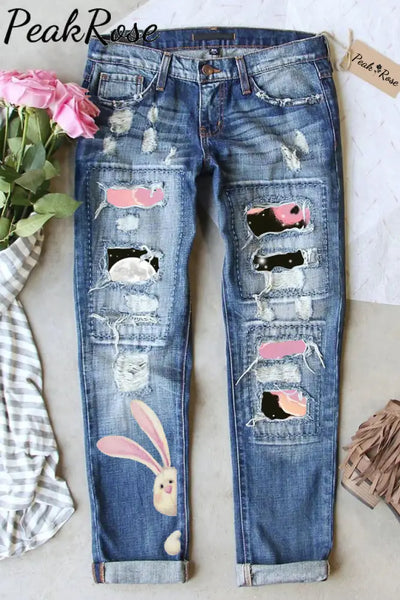 Little Bunny Peeping Under Pink Clouds And Moon At Night Ripped Denim Jeans S / Blue