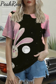 Little Bunny Peeping Under Pink Clouds And Moon At Night Round Neck T-Shirt T-Shirt