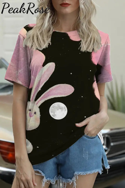 Little Bunny Peeping Under Pink Clouds And Moon At Night Round Neck T-Shirt S / Black T-Shirt