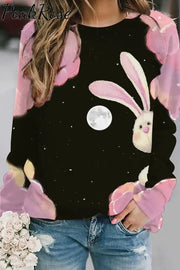 Little Bunny Peeping Under Pink Clouds And Moon At Night Sweatshirt