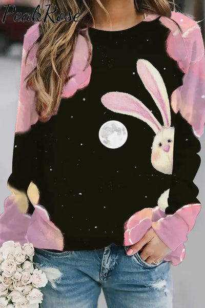 Little Bunny Peeping Under Pink Clouds And Moon At Night Sweatshirt S / Black