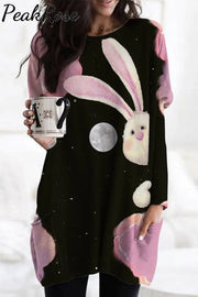 Little Bunny Peeping Under Pink Clouds And Moon At Night Tunic With Pockets