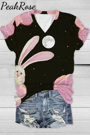 Little Bunny Peeping Under Pink Clouds And Moon At Night V Neck T-Shirt T-Shirt