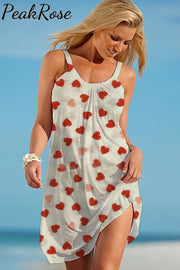 Little Love Heart Retro Beach Sleeveless Dress S / Beige