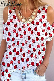 Little Red Ladybugs Cold Shoulder T-Shirt T-Shirt