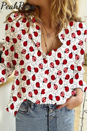 Little Red Ladybugs Long Sleeve Shirt S / White Women