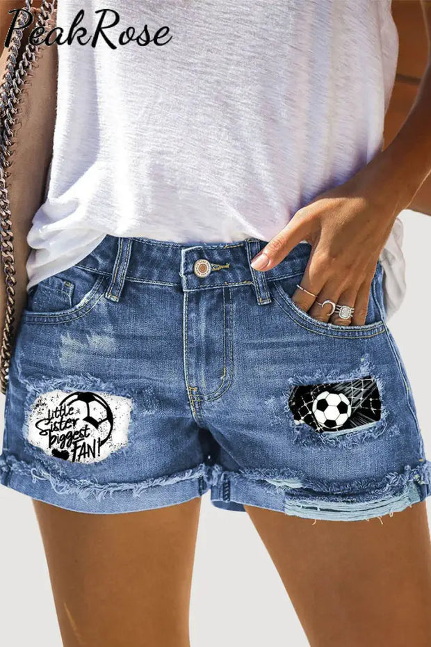 Little Sister Biggest Fan Print Ripped Denim Shorts