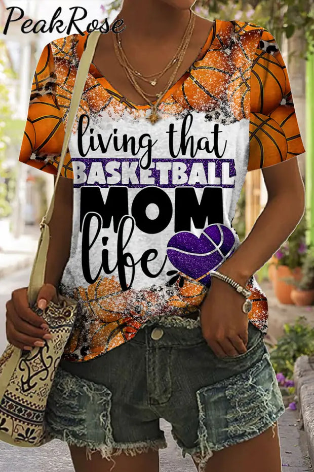 Living That Basketball Mom Vibe Printed V-Neck T-Shirt T-Shirt